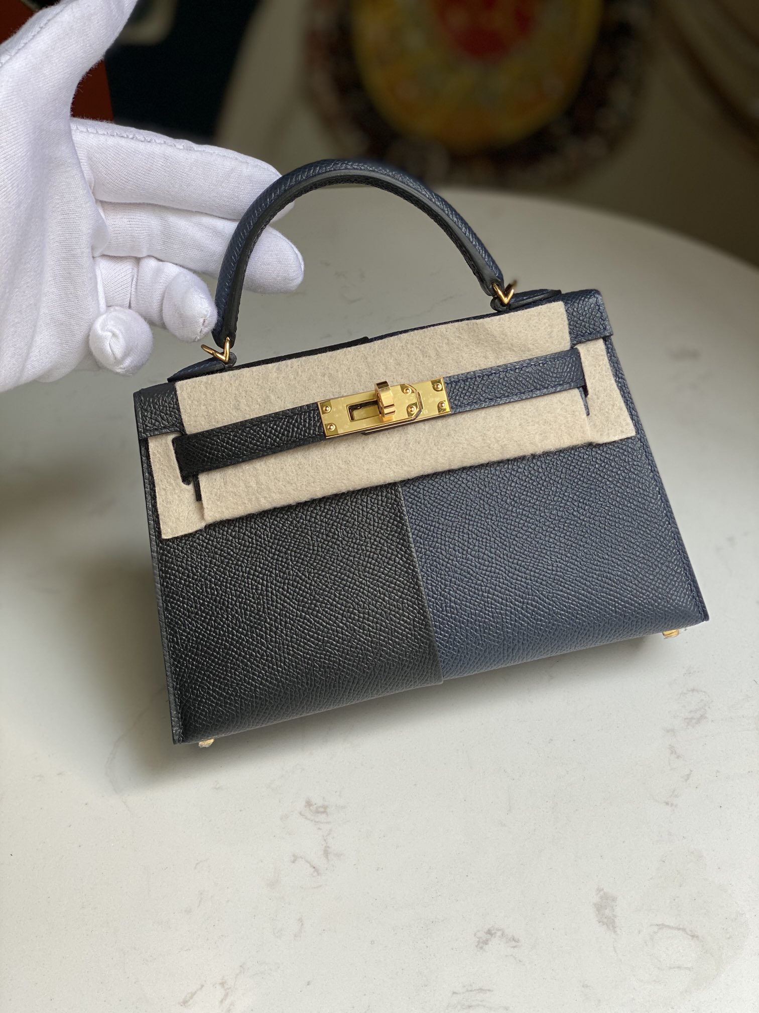 에르메스 미니 켈리백 블랙 미드나잇블루 금장 앱송